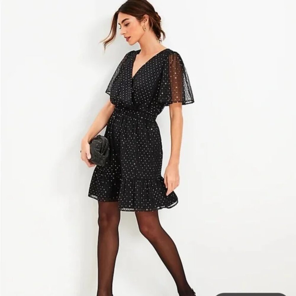 Loft Large Black and Gold Sequin Mesh Flounce Wrap Dress